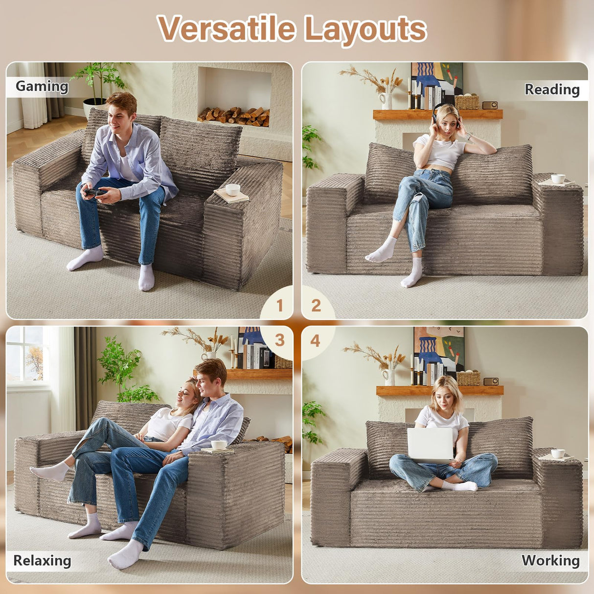 63" Boneless Couch Loveseat Sofa, Comfy Deep Seat Cloud Couch, Memory Foam, No Assembly Required Floor Sofa for Living Room, Bedroom, Apartment, Small Spaces, Corduroy, Camel Lakifun