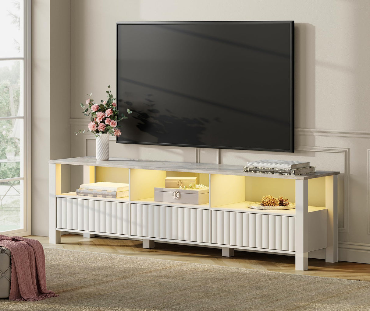 WAMPAT White TV Stand with Storage for 75 Inch TV, Modern TV Console Table for 65+ Inch TV, Entertainment Center with LED Light, Television Stands for Living Room Bedroom, 70 Inch WAMPAT