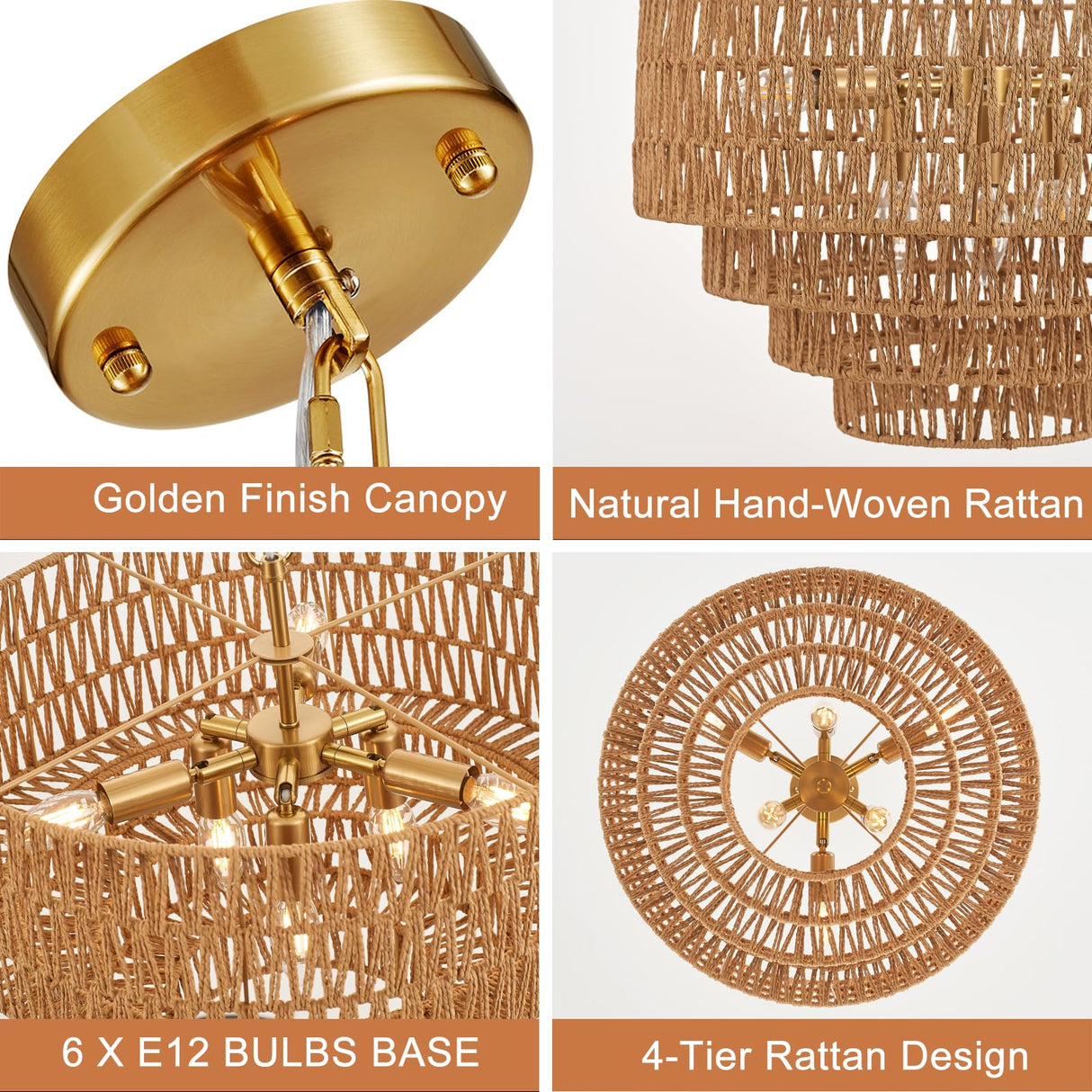 YOMECOO 19.7" Hand-Woven Rattan 6-Light Farmhouse Boho Bamboo Chandelier Light Fixture Retro Drum Wicker Golden Chandelier for Dining Room, Kitchen, E12 YOMECOO