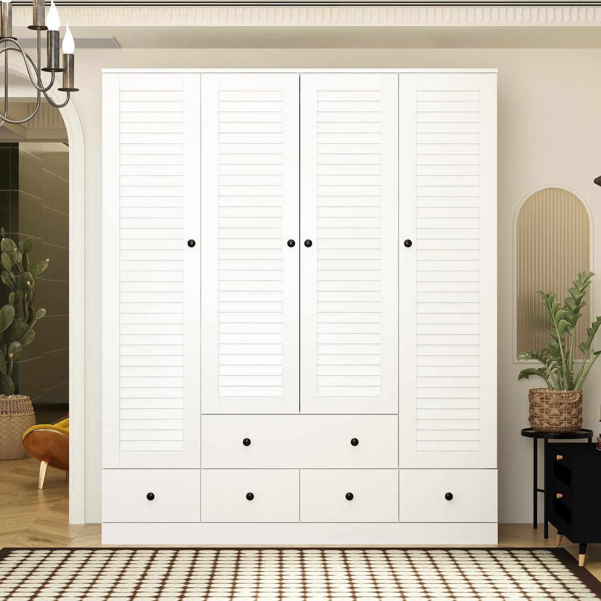 AGOTENI Armoire Wardrobe Closet with 4 Shutter Doors & 2 Hanging Rods, Wood Clothing Storage Cabinet with 5 Drawers & Shelves for Bedroom, White, 19.1" D x 59.1" W x 70.5" H AGOTENI