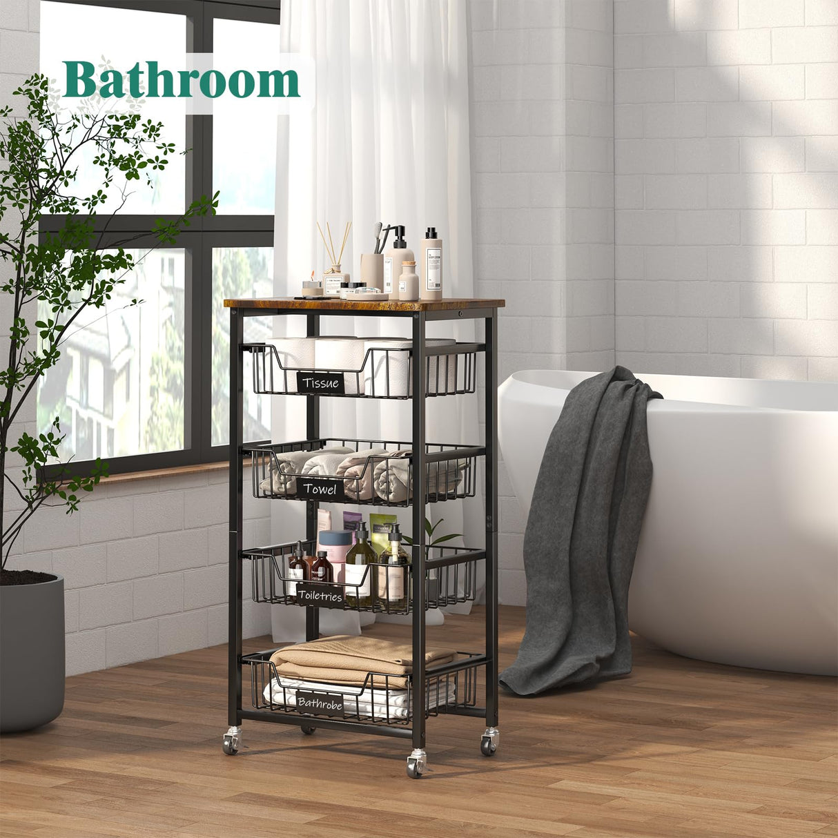 XYZLVSI Kitchen Storage Cart with Wheels, 5-Tier Metal Utility Rolling Cart Fruit Vegetable Storage Basket Pantry Rack with Wood Top & Pull Out Baskets for Kitchen, Livingroom, Diningroom, Office XYZLVSI