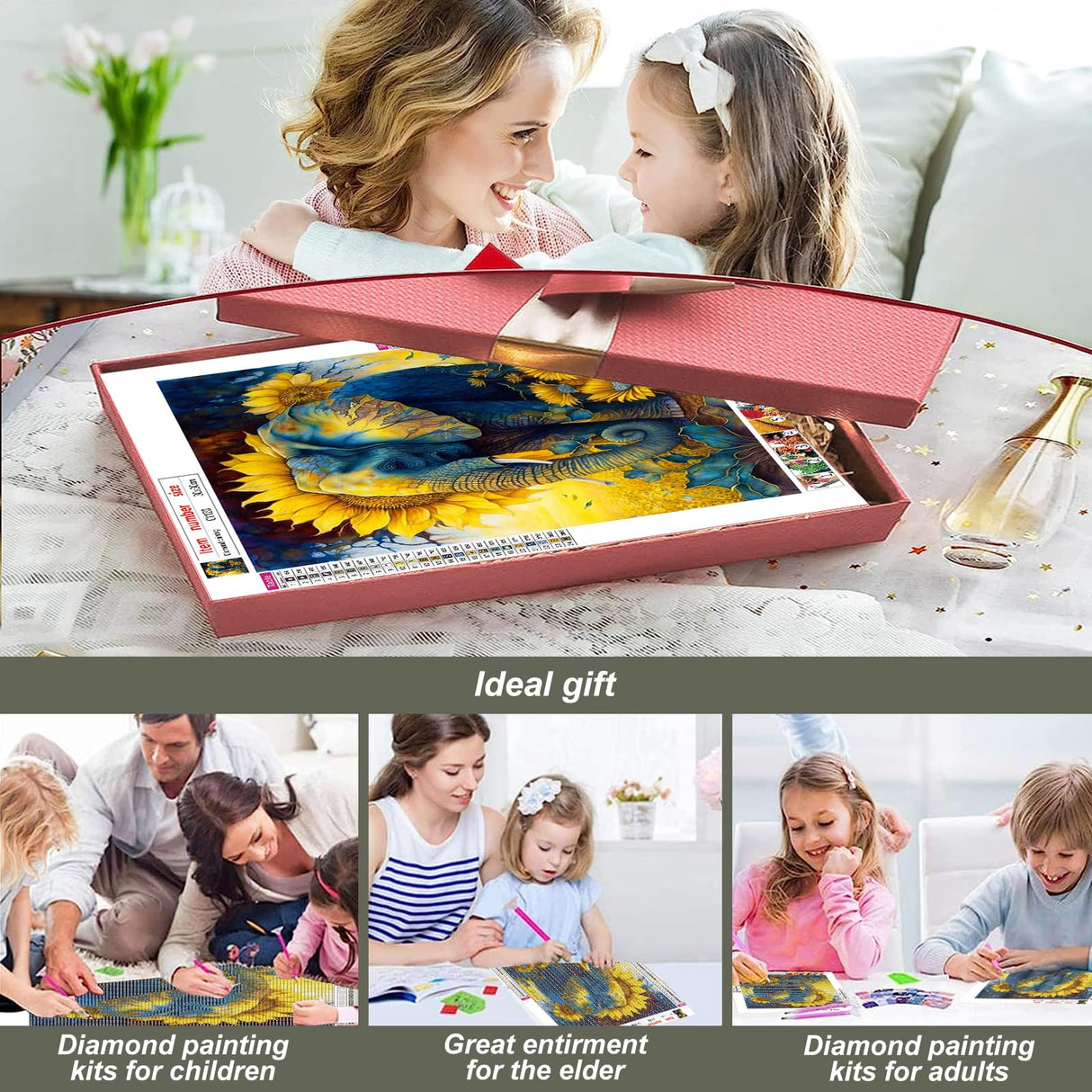 Stalente Diamond Painting Kits for Adults, Elephant Round Full Drill Diamond Art Kits, 5D DIY Paint with Diamonds Crafts for Home Wall Decoration Gifts 12×12Inch, Sunflower Stalente