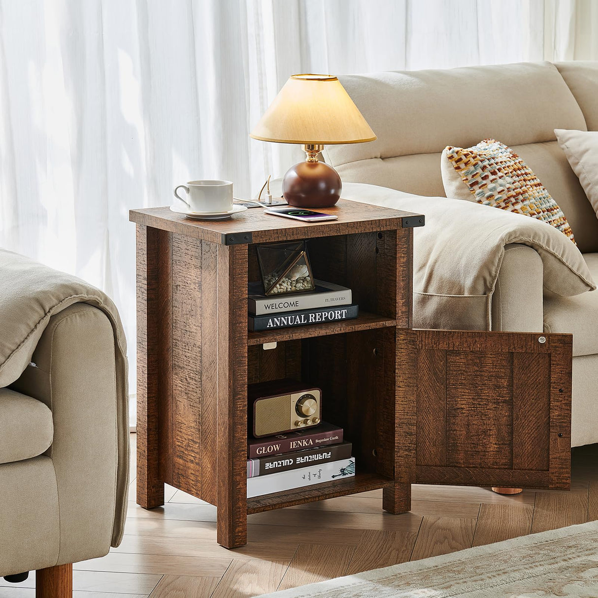 Joaxswe Night Stand with Charging Station and USB Port, 18 Inch Farmhouse Nightstand with Storage Shelf, Rustic Wood Bedside Table with Magnetic Door, Bed Side Tables for Bedroom, Reclaimed Barnwood Joaxswe