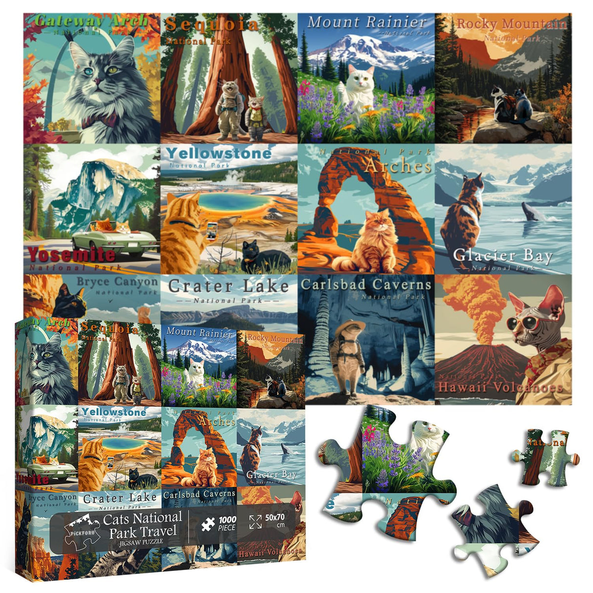Cat Puzzles for Adults 1000 Pieces and up, National Parks Puzzle Series Kitty Travels Yellowstone Glacier, PICKFORU Funny Cat Jigsaw Puzzles as Home Decor PICKFORU