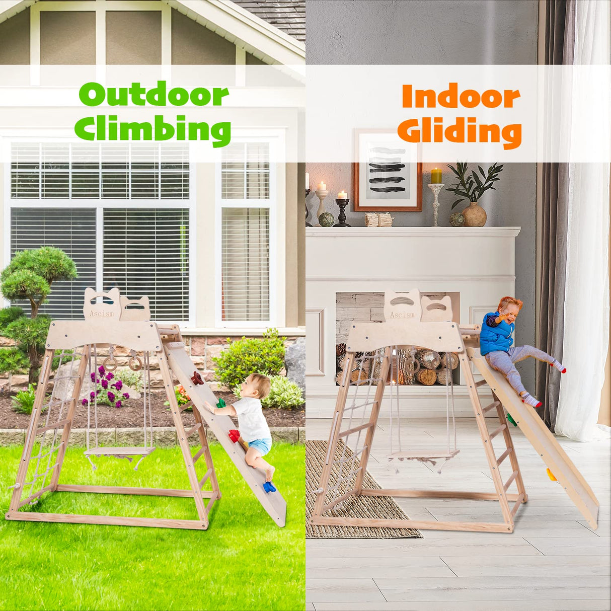 Ascism Jungle Gym Indoor (8 in 1) Wooden Indoor Playground, Toddler Wooden Climbing Toys, Montessori Playset, Gym with Slide, Climbing Net, Swing, Tent, Gymnastics Ring… Ascism