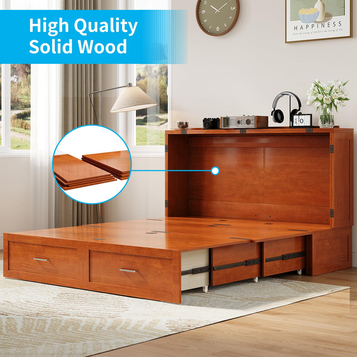 ADOWORE Queen Murphy Bed, Murphy Cabinet Bed with Built-in USB Charging Station & Large Storage Drawers, Horizontal Murphy Bed Wood Murphy Chest Bed for Bedroom, Maroon ADOWORE