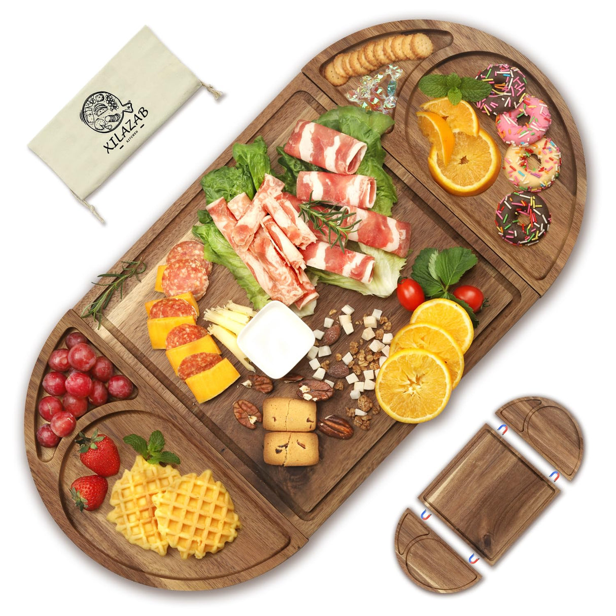 Extra Large Magnetic Charcuterie Board Cheese Board Gift Set 3 Part Square & Round & Heart Shaped Acacia Wood Charcuterie Cheese Boards Wooden Tray Serving Board Platter for Valentine XILAZAB