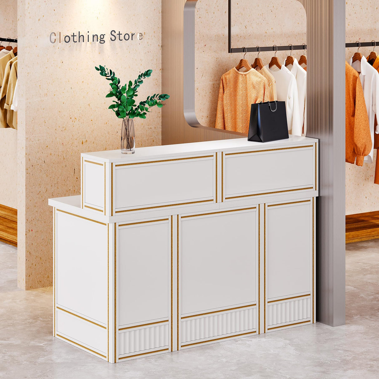 LITTLE TREE 57-Inch Reception Desk with Counter, Boho Style Front Desk, Modern Checkout Counter, Receptionist Desk for Retail, Lobby, Salon, Office, White LITTLE TREE