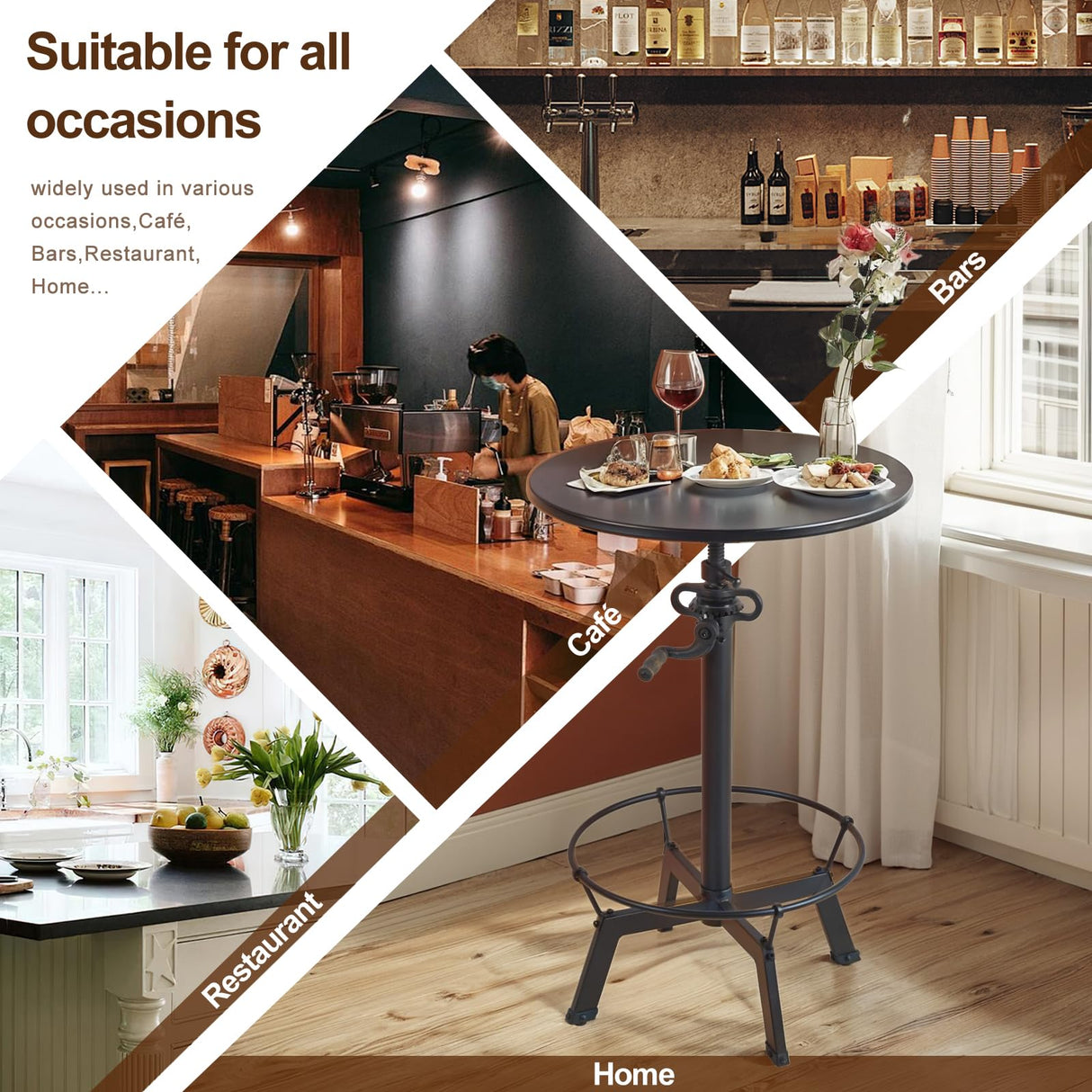 LOKKHAN Industrial Bar Table-33.5-39.4 Inch Tall-Adjustable Bar Height Pub Table-23.7 Inch Swivel Round Metal Top-Easily Adjusts by Crank Handle, Black LOKKHAN