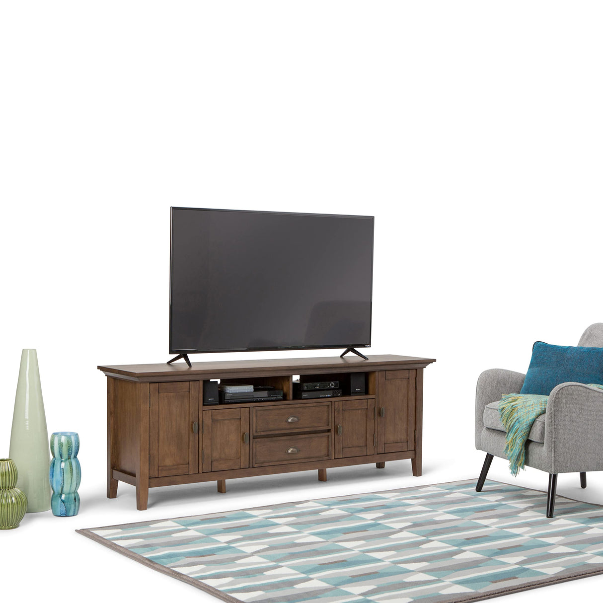 SIMPLIHOME Redmond SOLID WOOD 72 inch Wide Transitional TV Media Stand in Rustic Natural Aged Brown For TVs up to 80 inches for the Living Room and Entertainment Center SIMPLIHOME