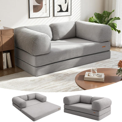 COMAX Folding Sofa Bed Queen, 4-in-1 Foldable Floor Couch Convertible Futon Sofa with Armrests Sleeper Mattress Chair Bed Comfy Portable Fold Out Lounge Guest for Living Room Bedroom, Light Grey