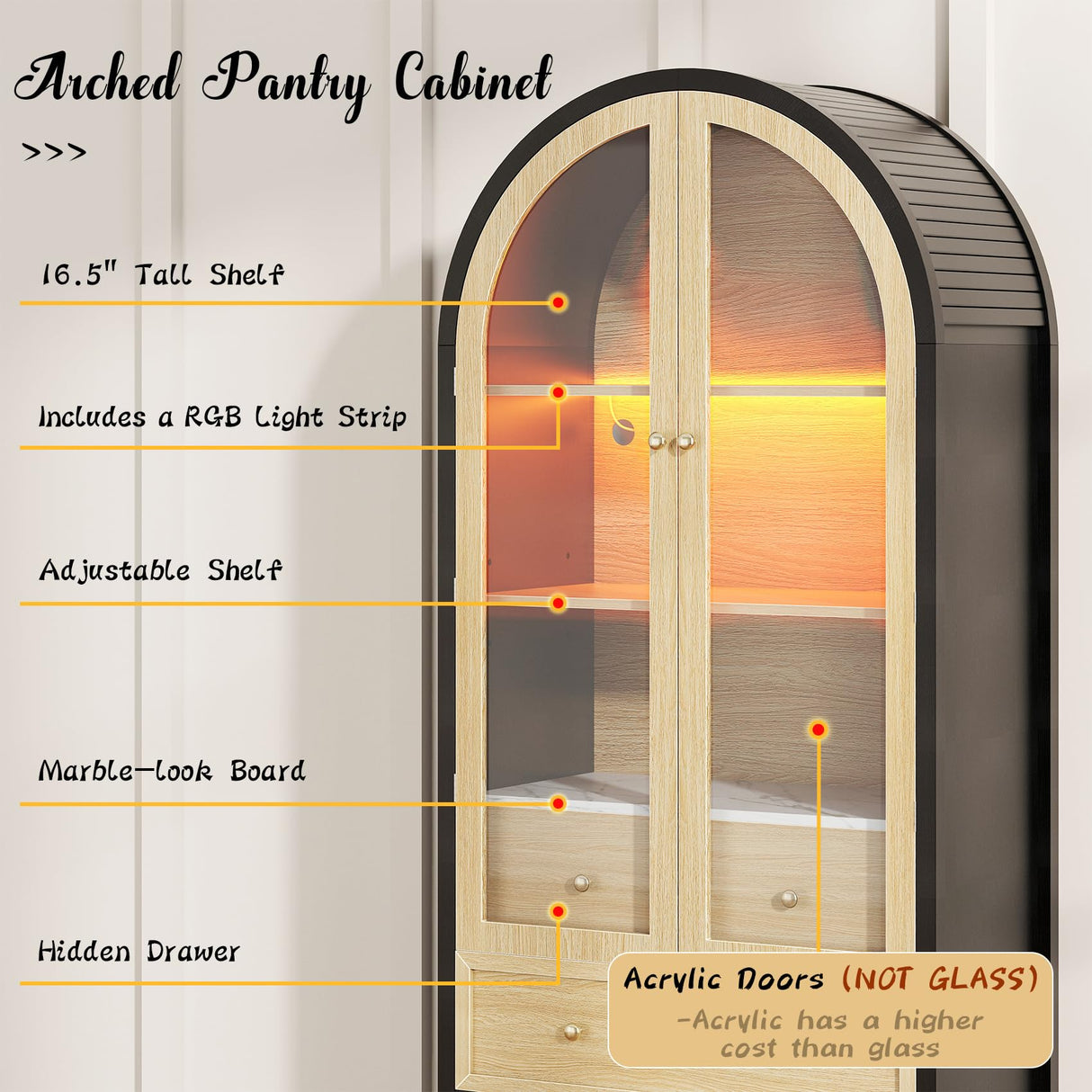 Semoic 73" Tall Arched Storage Cabinet - Modern Farmhouse Bookcase with 3 Large Drawers, Display Cabinet for Living Room, Dining Room, Kitchen Pantry, Brown & Black Semoic