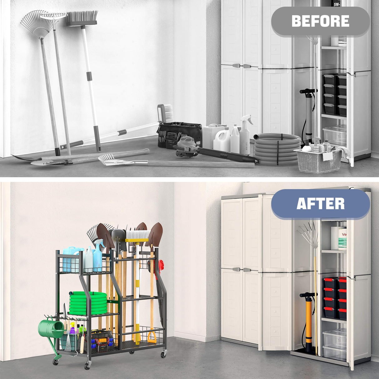 WALMANN Garden Tool Organizer with Wheels for Garage, Large Storage Capacity, Rakes/Shovels/Yard Tools Storage Stand for Shed, Garden, Indoor/Outdoor Long-Handled Tools Rolling Cart WALMANN