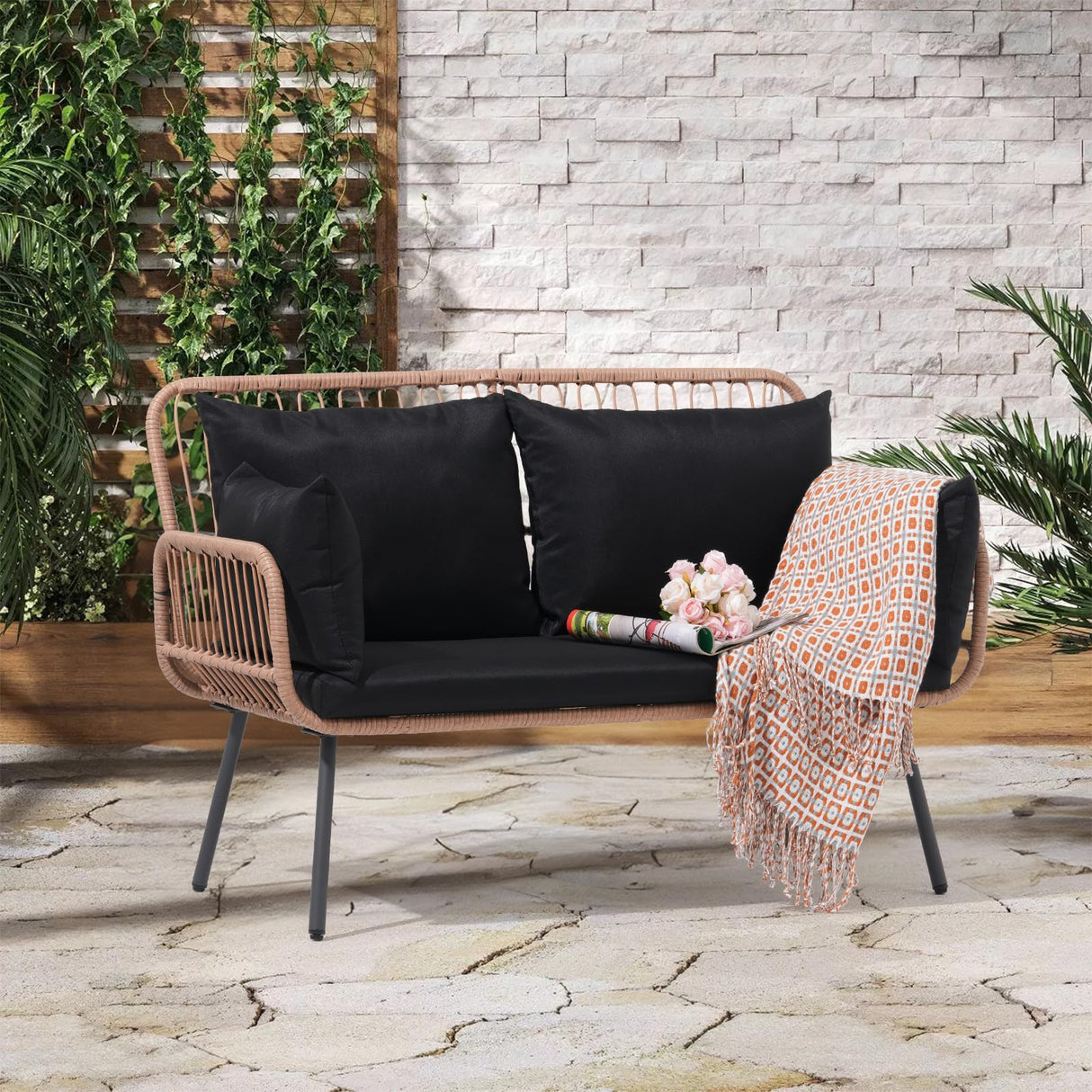 Verano Garden Patio Loveseat, Outdoor Balcony Furniture, Wicker Patio Set with Cushions & Pillows, Patio Furniture Couch for Porch, Backyard, Deck, Poolside (Black) Verano Garden