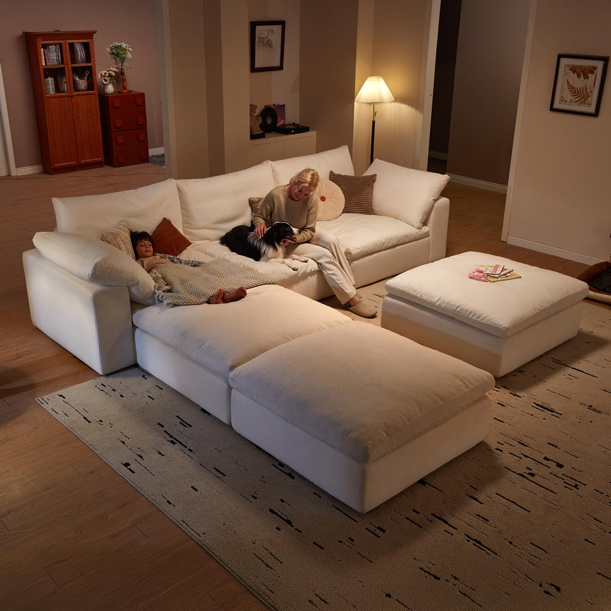 Modular Cloud Sofa, 110.2" Cloud Sectional Couches with Deep Seat, L-Shape 3-Seat Couch with Ottoman for Living Room, Modern Comfy Couch with Washable Cover, Wide Armrest (White,1 Ottoman) Vorthio