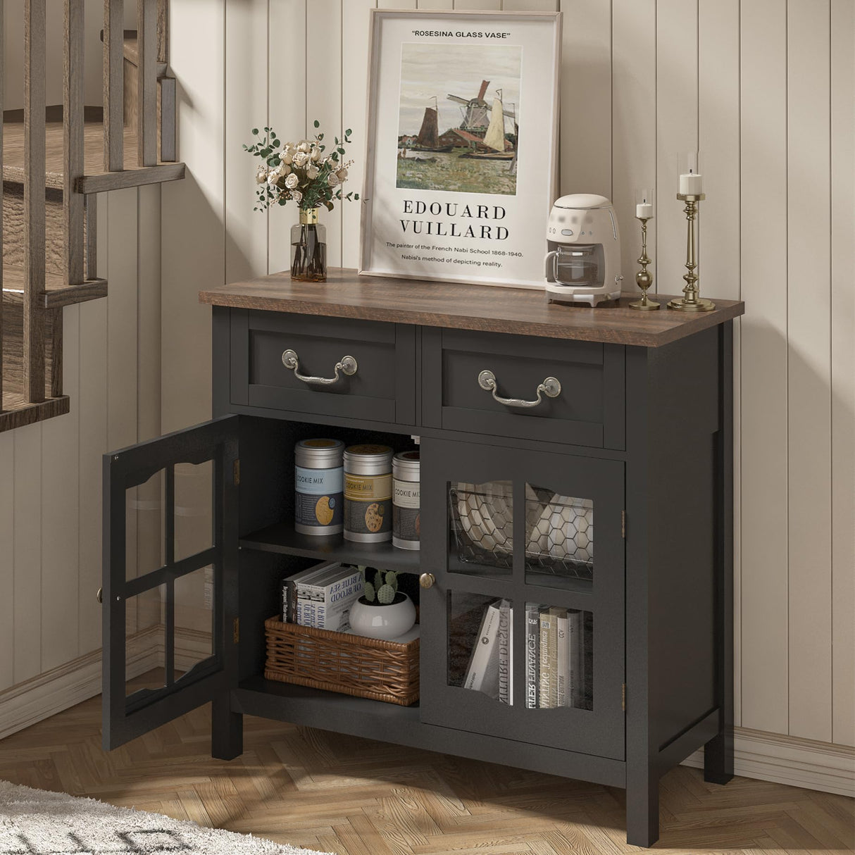 ChooChoo Farmhouse Sideboard Buffet Cabinet with Storage, Coffee Bar Cabinet with Glass Doors, Entryway Cabinet for Kitchen, Living Room, Black ChooChoo