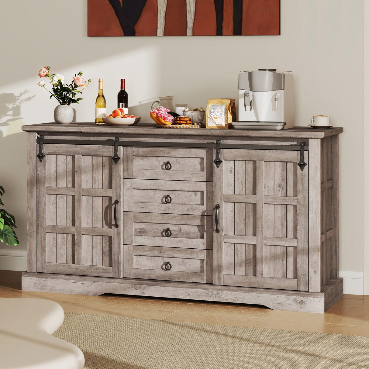 YITAHOME 59" Farmhouse Buffet Cabinet with Storage, Large Sideboard Cabinet w/Sliding Barn Doors and 4 Drawers for Living Room, Wash Grey YITAHOME