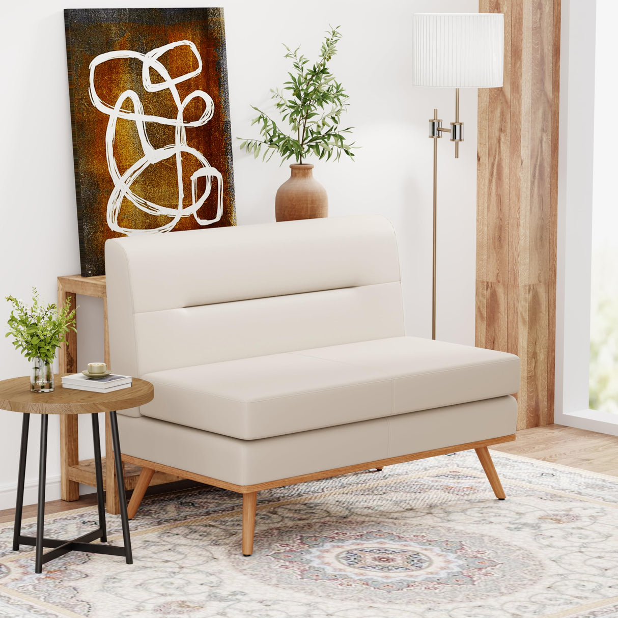 Aklaus Upholstered Small Loveseat,Faux Leather Modern Mini Sofa Couch Love Seat Armless Settee Bench with Back for Living Room Bedroom Office Small Space Entryway Beige Aklaus