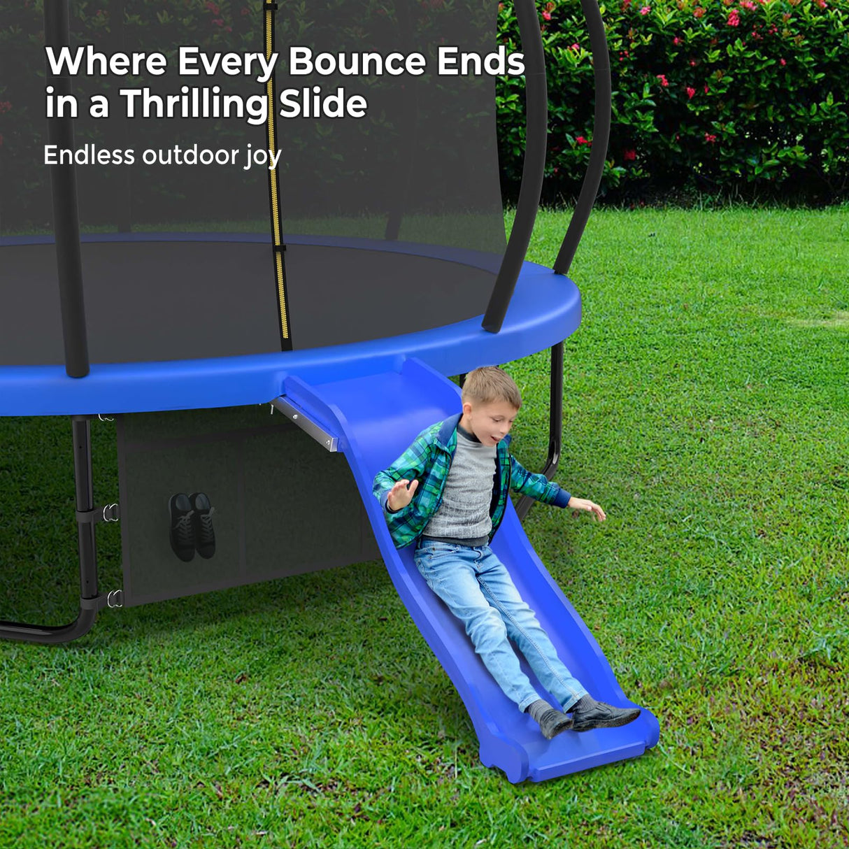 Lyromix Trampoline Outdoor with Slide, 14FT Outdoor Trampoline with Basketball Hoop, Recreational Trampolines with Enclosure Net & Ladder for Kids and Adults, Acid Blue Lyromix