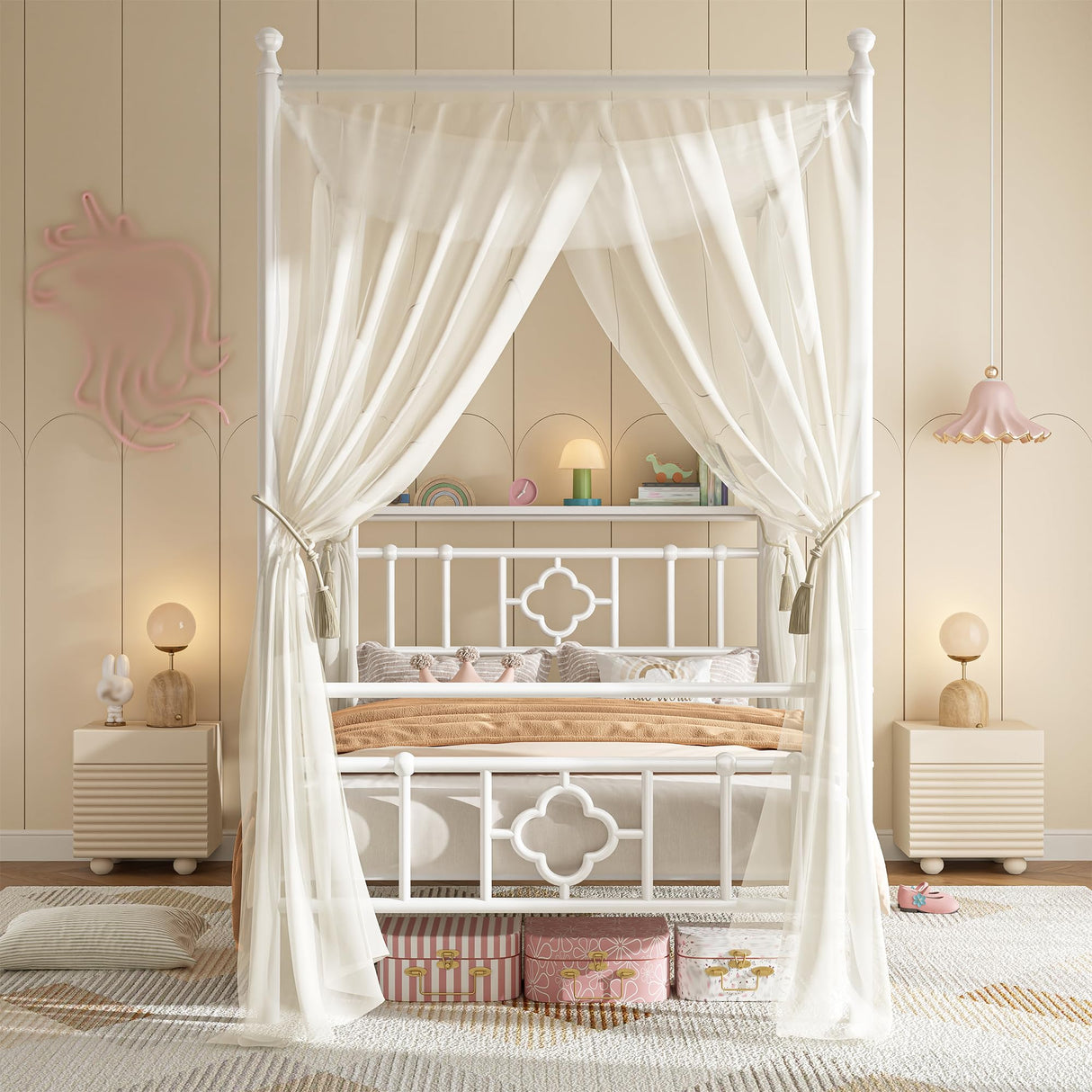 Homkdom Canopy Bed Frame with Storage Headboard, Twin Size Bed Frame with 4 Removable Posts, Sturdy Metal Platform with Under-Bed Storage, Dual Purpose Bed Frame, No Box Spring Needed, White Homkdom