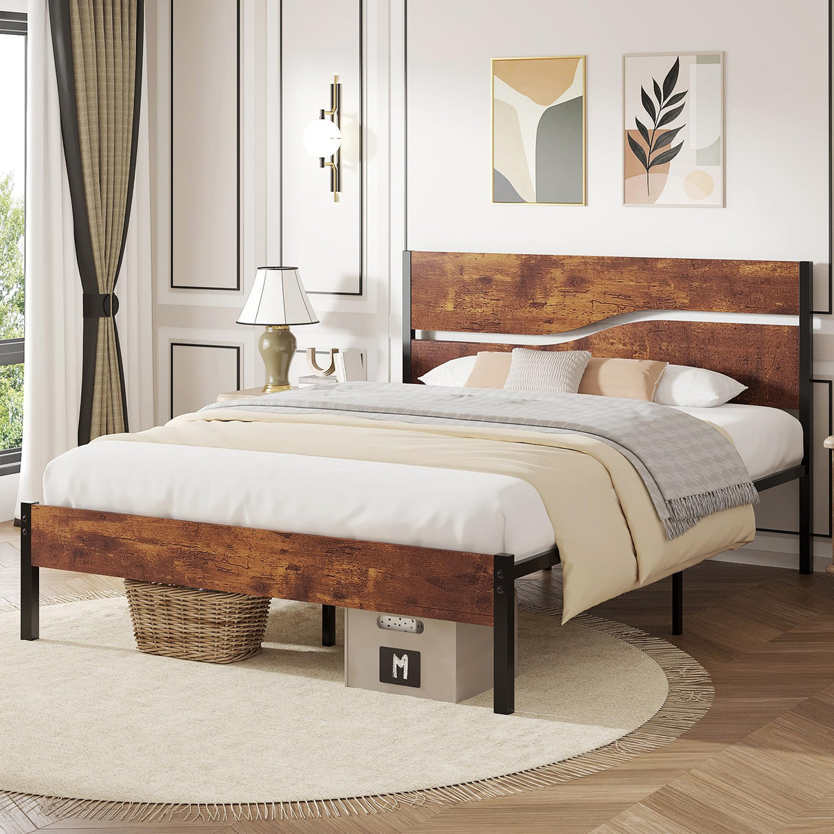 VECELO Full Size Bed Frame with Headboard Wood, Solid and Strong Metal Platform Support, No Box Spring Needed VECELO