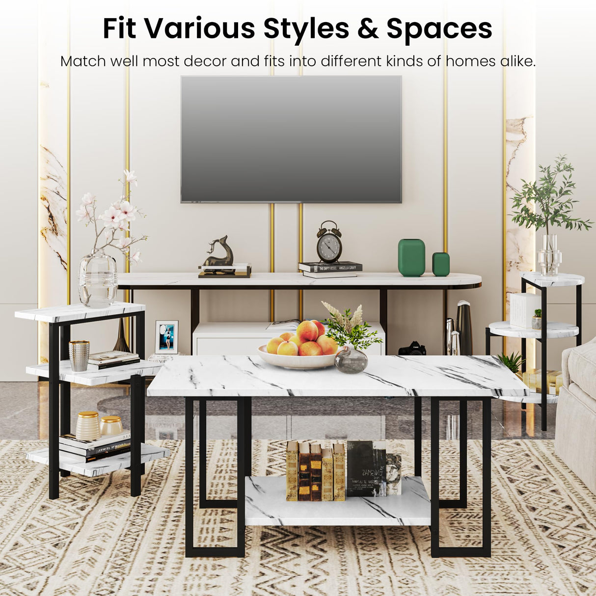 AWQM Faux Marble Table Set,Coffee Table&2 Side Table, Faux Marble Tabletop and Metal Frame,3 Piece Table Sets, for Living Room Apartment,White & Black AWQM