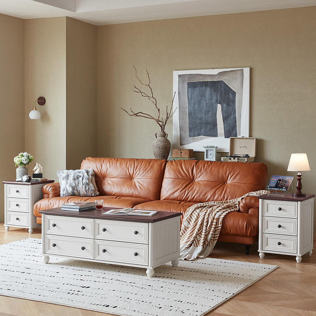 RWYHG 18" Farmhouse Night Stand, White Wood Nightstand with 3 Drawers, Bedside End Table with Storage and Roman Column, Bed Side Tables Cabinet for Bedroom, Living Room, and Closet RWYHG