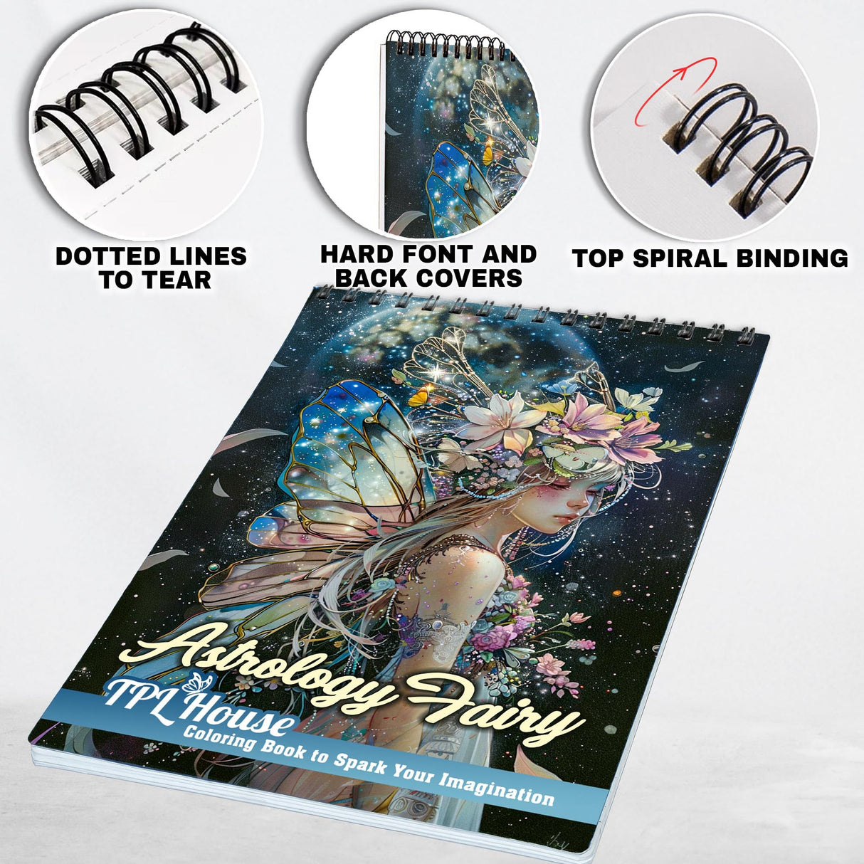 TPLHOUSE Astrology Fairy Coloring Book Spiral Bound for Adults and Teen Girls, Premium Cover, 30 Astrological Coloring Pages of Cosmic Fairies for Stress Relief and Relaxation TPLHOUSE