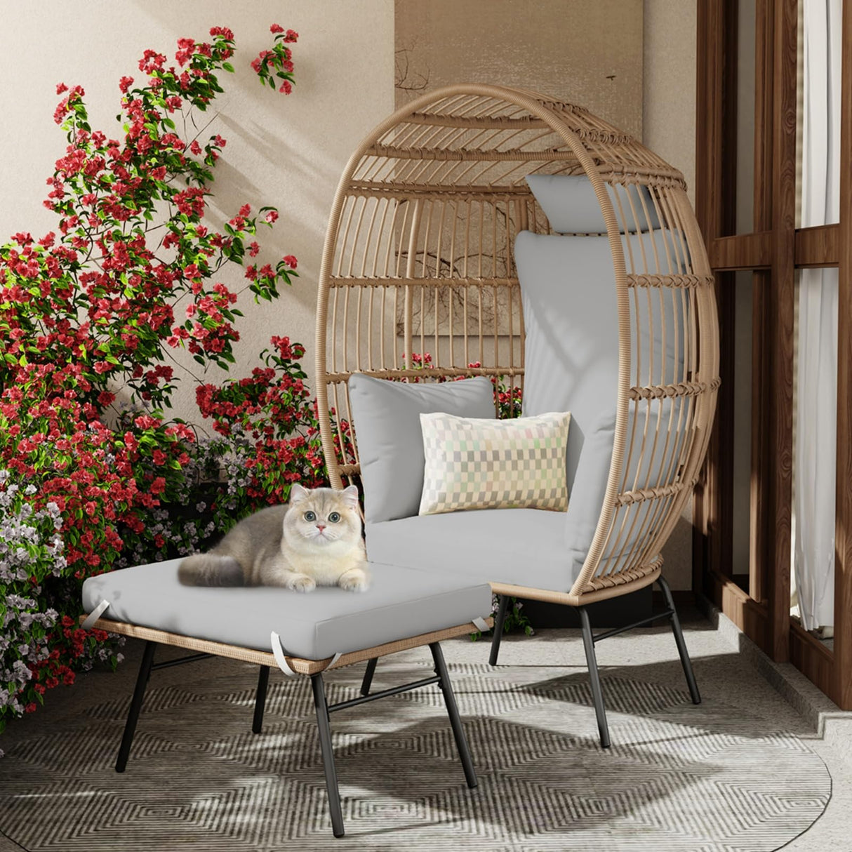 Oversize Wicker Egg Chair with 4 Comfy Cushions, Big Egg Shaped Lounger with Ottoman, Rattan Reading Chairs for Indoor Outdoor Patio Porch Backyard, Grey GAOMON