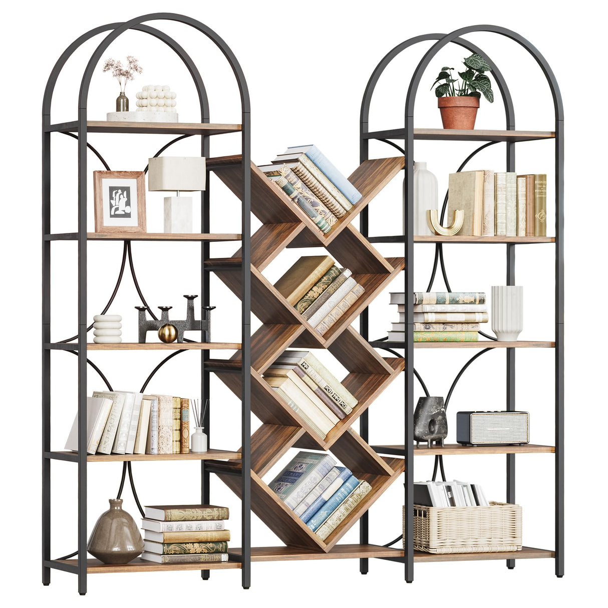 LIKEMET Triple 5 Tier Bookshelf, Bookcase with 18 Open Display Shelves, Wide Tree Bookshelf Metal Frame Tall Book Case for Living Room Home Office Rustic Brown LIKEMET