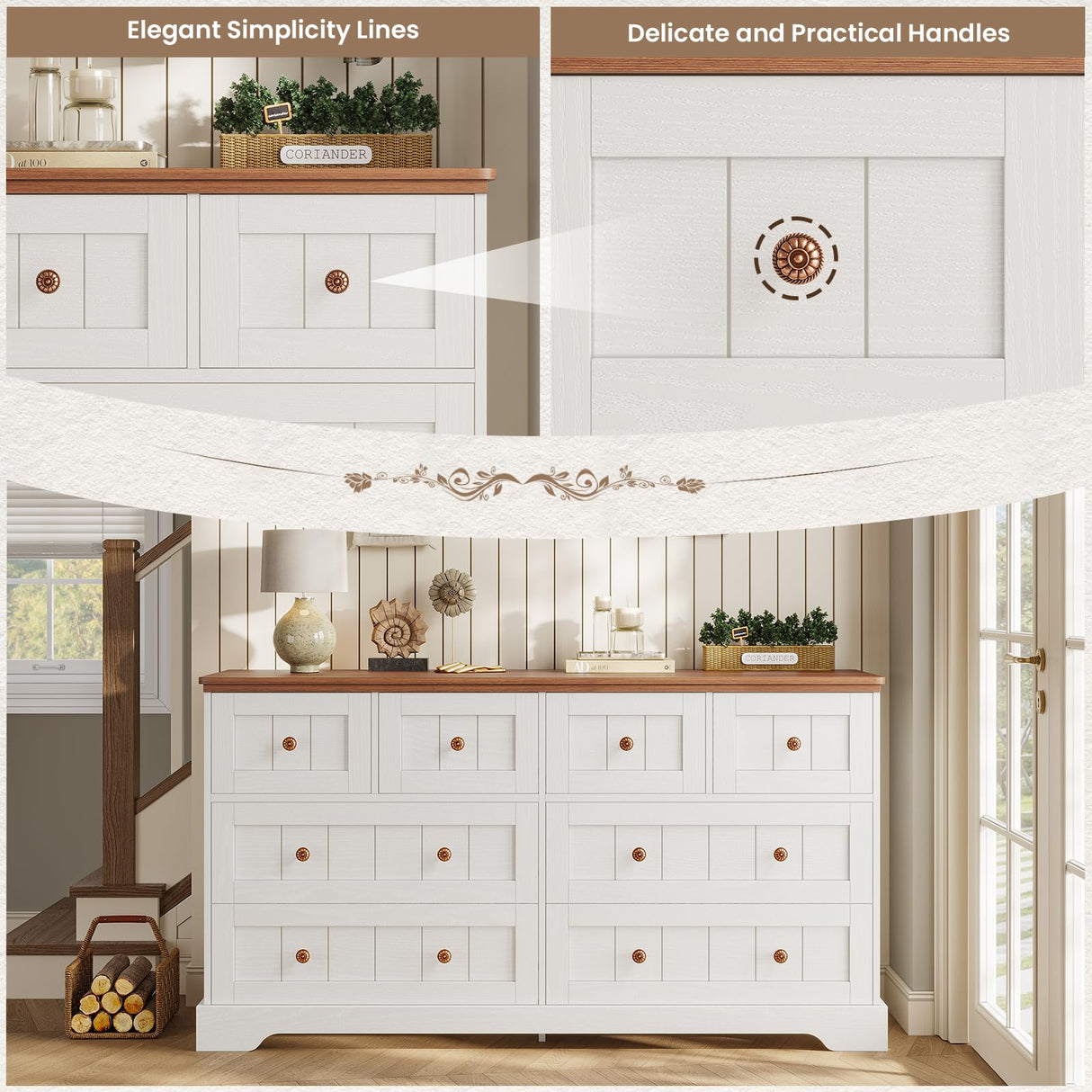 Hasuit White 8 Drawer Dresser, 55.1" Wide Farmhouse Dressers Chest of Drawer, Wood Bedroom Dresser with Hand Carved Panel, Large Capacity Clothing Storage Organizer for Bedroom, Living Room, Hallway Hasuit