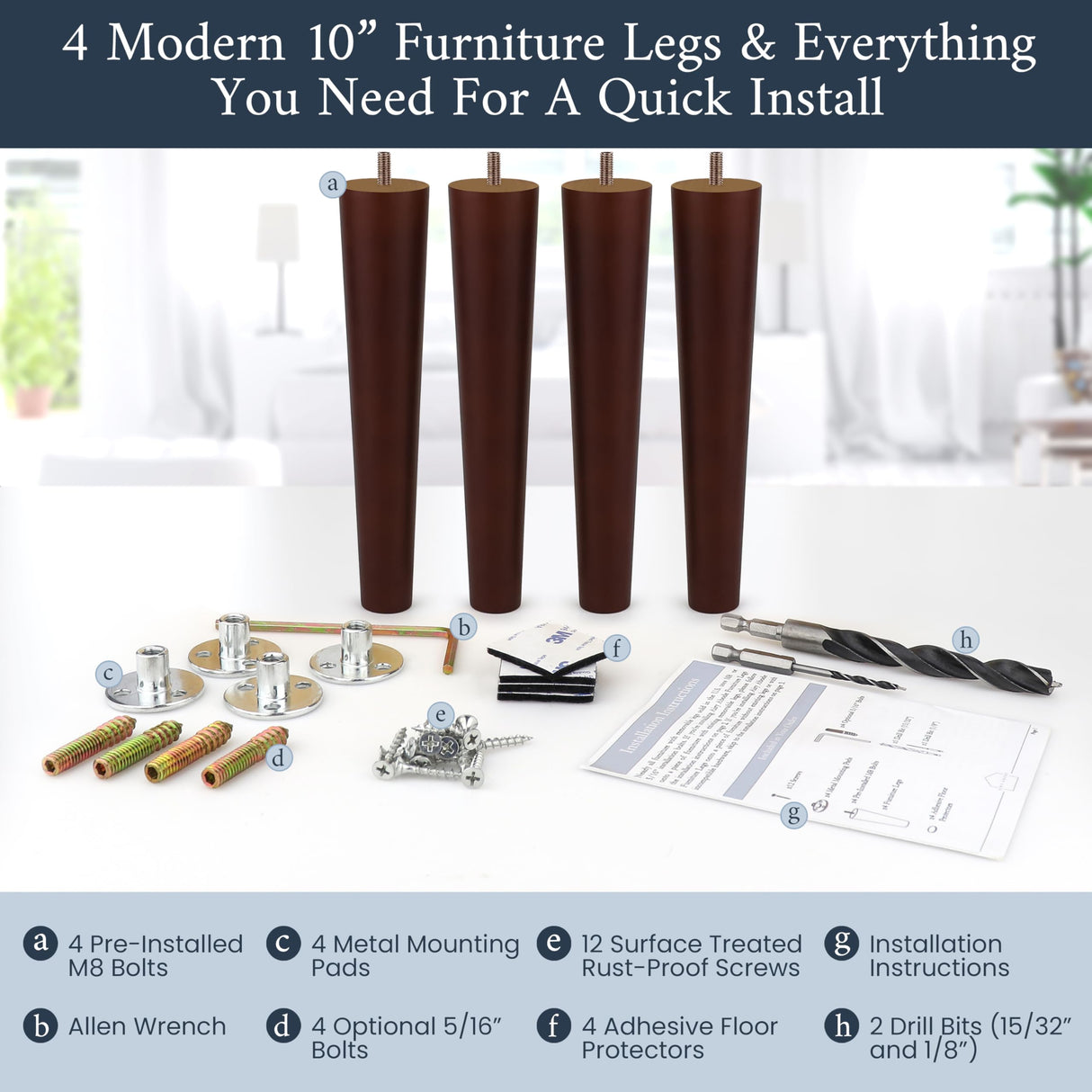 Brown Round Furniture Legs - Premium Mid Century Legs for Sofa, Chair, Table, Dresser, Bed, Cabinet, Ottoman - Our Wooden Legs Are Easy To Install & Include Installation Hardware - Set of 4, 10 Inches Airy Abode