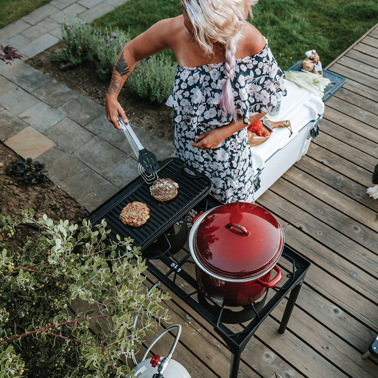 Gas One Propane Double Burner Two Burner Camp Stove Outdoor High Pressure Propane 2 Burner Adjustable PSI Regulator and 4ft Steel Braided Hose With Removable Legs Gas One