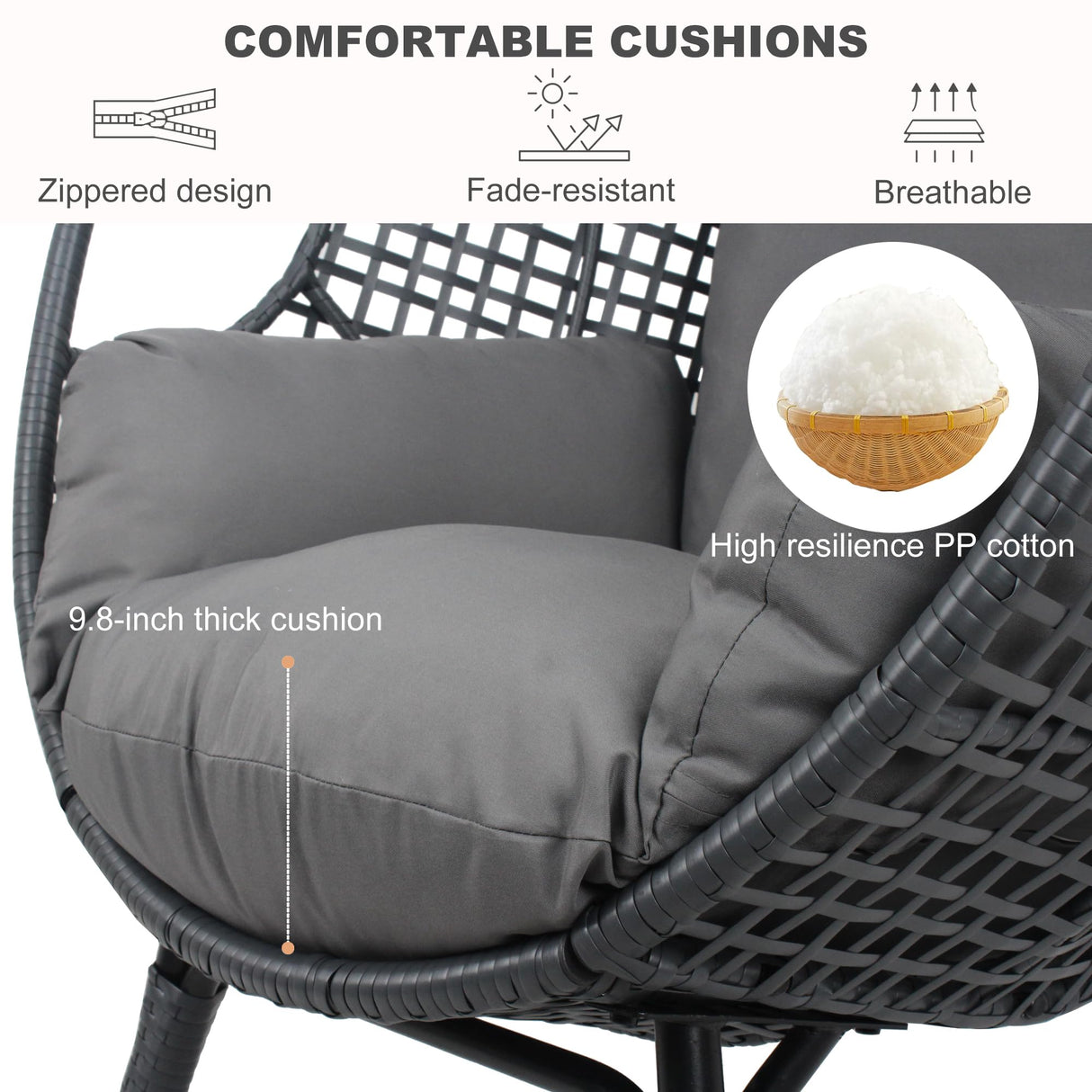 TQKVIPI Oversized Egg Chair-Wicker Outdoor Indoor Rattan Patio Egg Lounge Chairs with Cushion 500lbs Capacity for Living Room, Balcony, Backyard(Grey) TQKVIPI