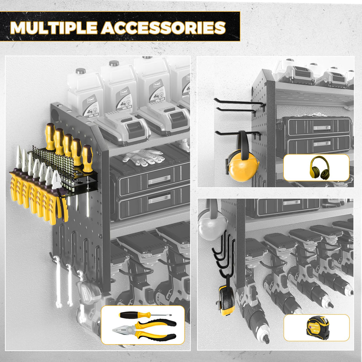 KAFAHOM Power Tool Organizer with Charging Station, Built in 8 Outlet Power Strip,Large 8 Drill Holder Wall Mount, Heavy Duty Metal Power Tool Storage Rack Tool Shelf for Garage Organization Black KAFAHOM