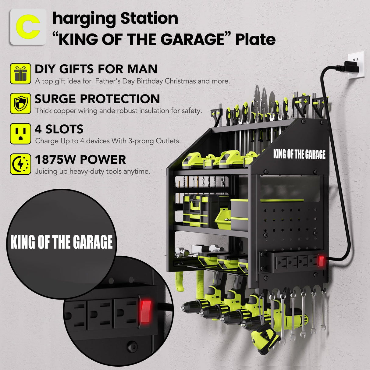 YFFSRJDJ Power Tool Organizer Wall Mount with Charging Station – King of the Garage, 4 Drill Holders, Heavy Duty Cordless Tool Rack with 4-Outlet Power Strip, Gifts for Him, Birthday Gifts for Men YFFSRJDJ