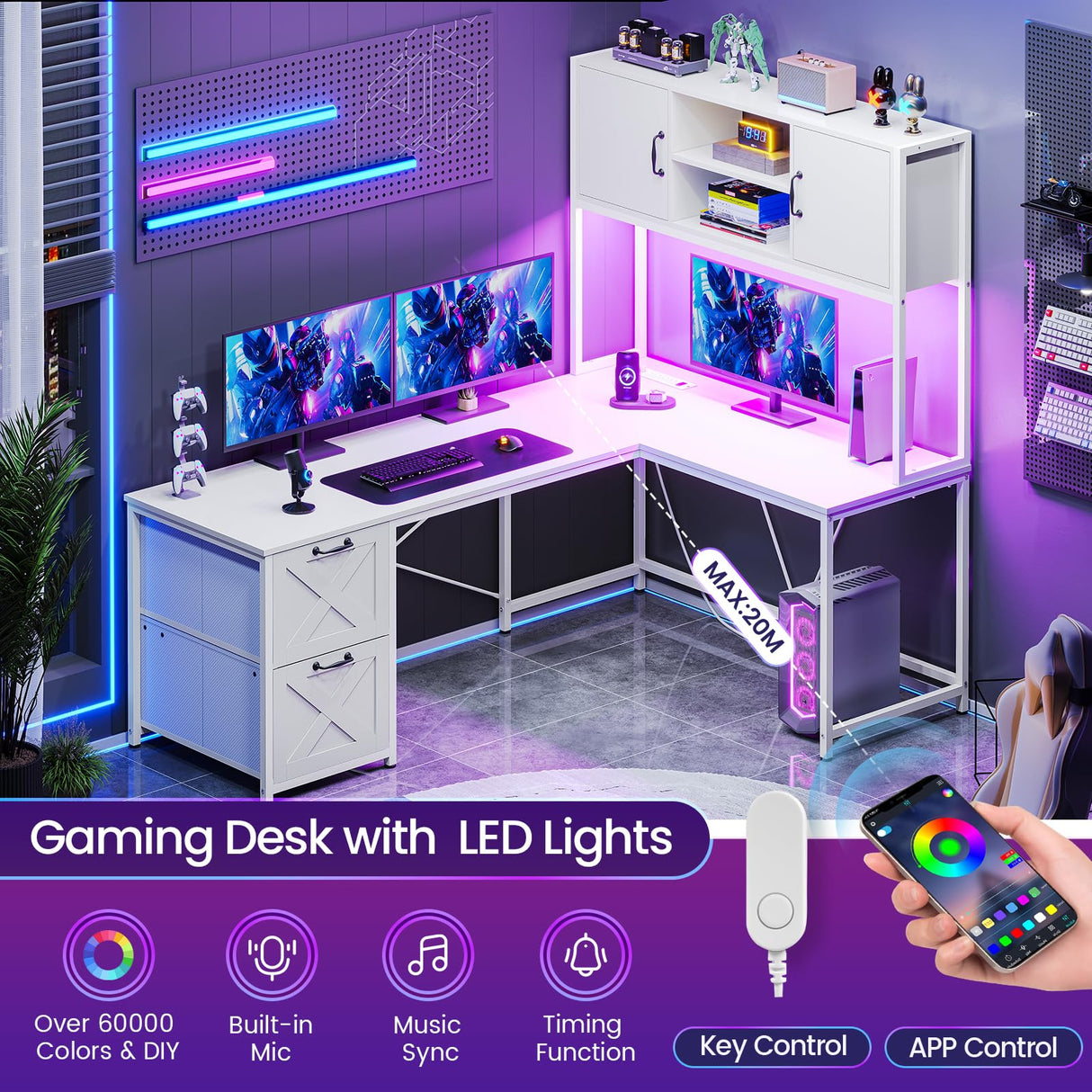 SEDETA White L Shaped Office Desk, Farmhouse Home Office Desk with Fabric File Drawers and Power Outlet, Corner Gaming Desk with LED Lights, Hutch and Storage Shelves SEDETA