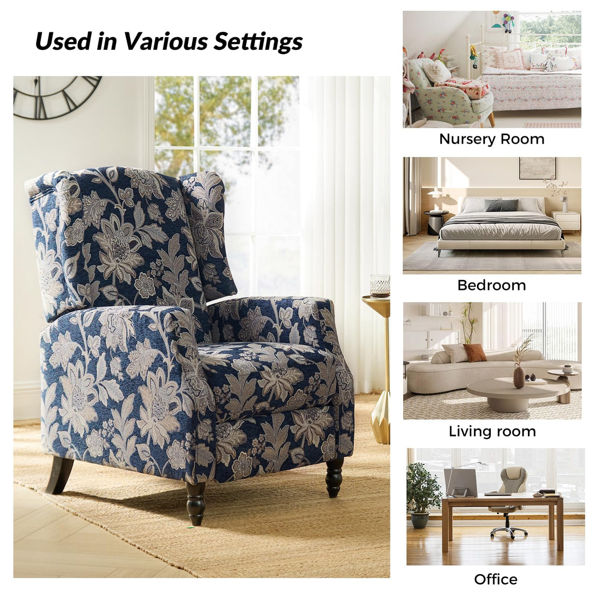 Upholstered Wingback Recliner Chair, Traditional Push Back Recliner Sofa, Mid Century Modern Lounge Armchair for Living Room, Home Theater Accent Chairs Recliners Couches (Garden) TINA'S HOME