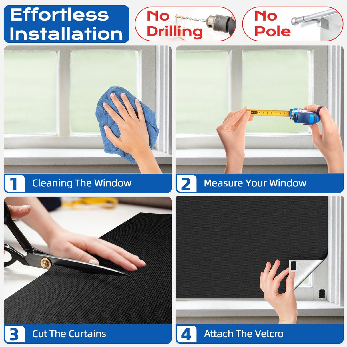 Blackout Curtains for Bedroom, 39" x 58" Portable Black Out Blinds with 20 Sets Hook & Loop Strips for 100% Blackout Window Film, Temporary Black-out Shades for Windows Cover Nursery Travel RV- Blacks Tlany