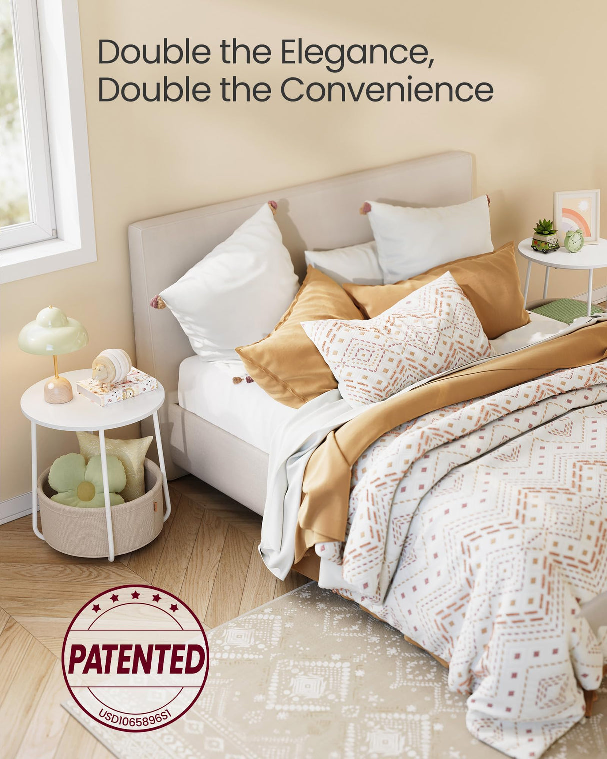 VASAGLE Nightstands, Set of 2 Small Round Side Tables with Fabric Basket, Bedside End Tables, for Bedroom, Matte White and Camel Brown ULCT665W01 VASAGLE