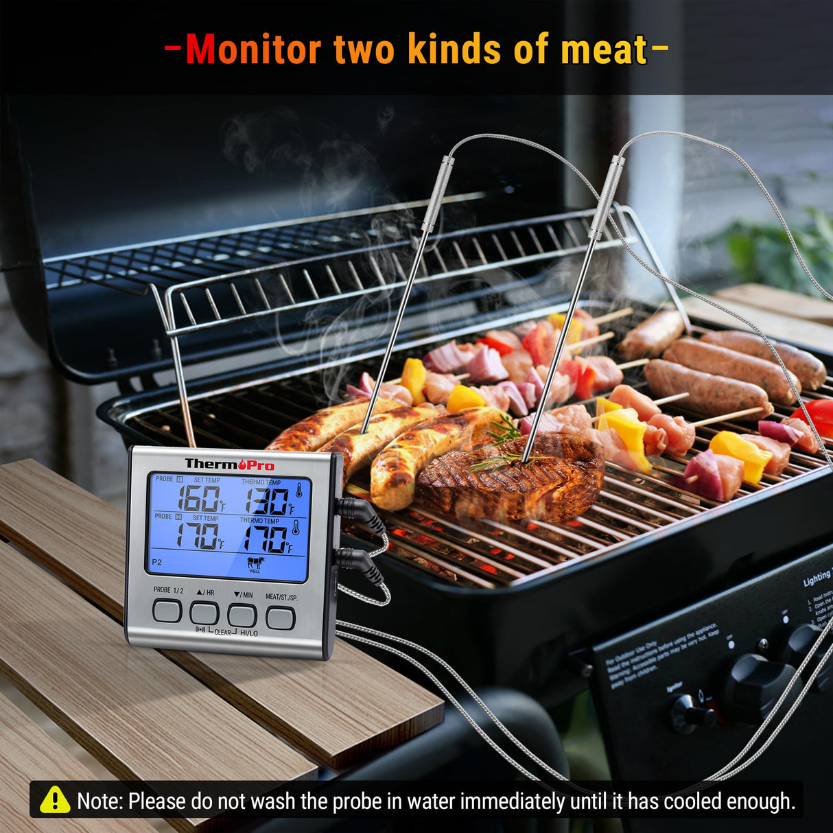 ThermoPro TP17 Dual Probe Digital Cooking Meat Thermometer Large LCD Backlight Food Grill Thermometer with Timer Mode for Smoker Kitchen Oven BBQ, Silver ThermoPro