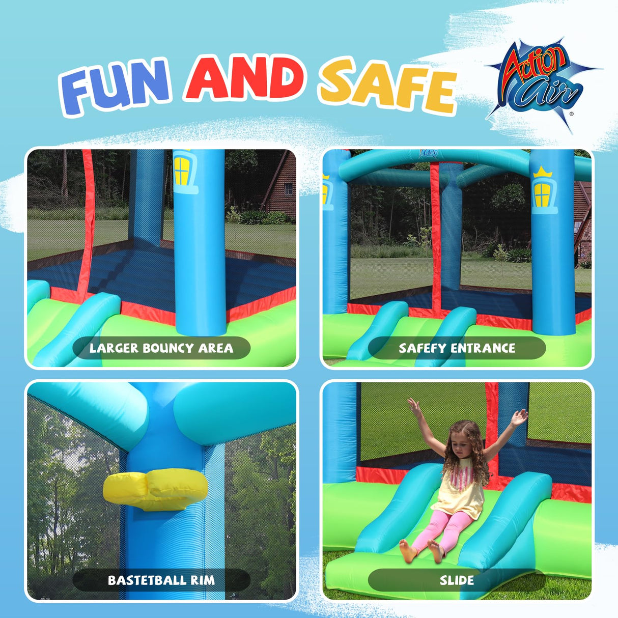 Action Air Bounce House, Outdoor Inflatable Bouncer with Blower, Large Jumping Area Bouncy Castle for Kids Action air