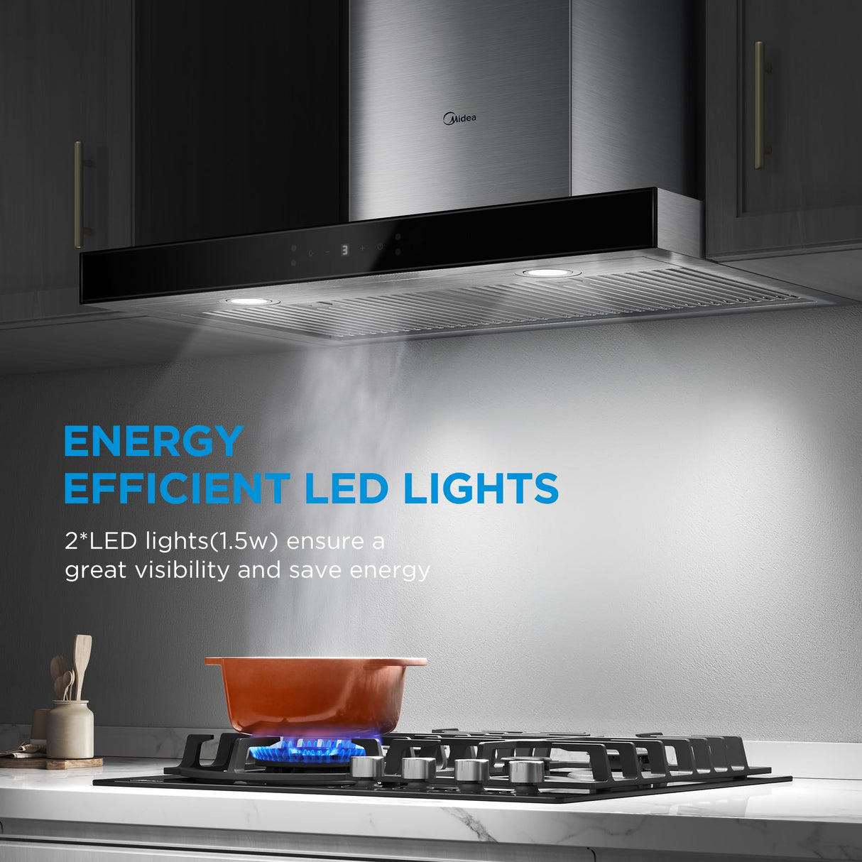 Midea MVT30W9AST Range 30 Inch 450CFM Vent T Shape Stove Hood with 5-Layer Aluminum Permanent Filters Kitchen, Ductless Convertible, 3 Speed Exhaust Fan, Stainless Steel Midea