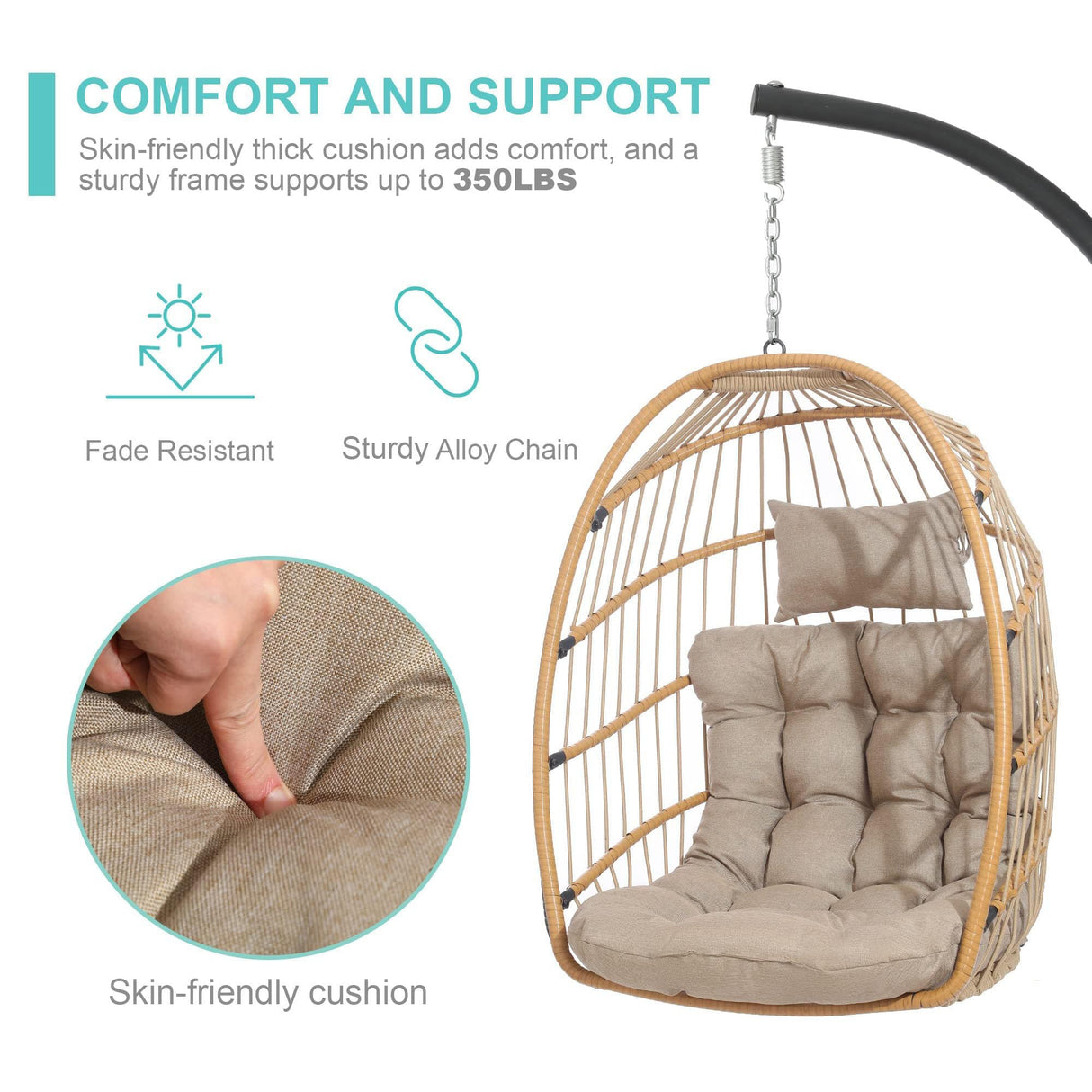SWITTE Egg Chair Outdoor Indoor with Stand, Hanging Egg Swing Chair with Stand, Wicker Egg Chair with Cushion 350lbs Capacity for Patio(Cream) SWITTE