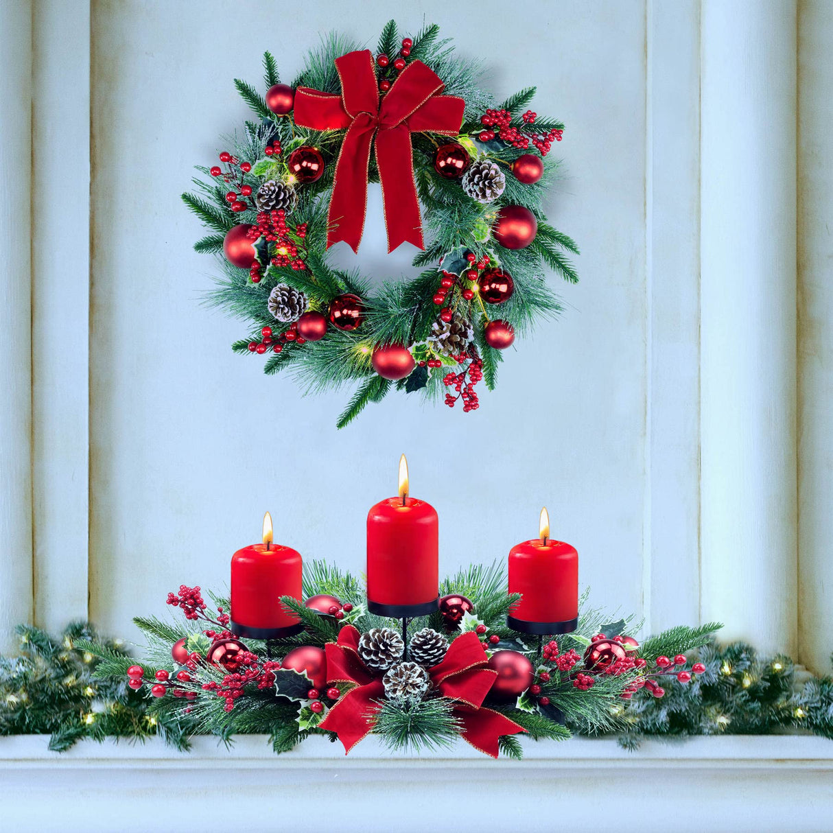 YULETIME 28" Christmas Triple Candelabrum, Holiday Candle Holder with Three Trays, Red Bowknot & Baubles, Natural Pine Cones, Red Berries, Green Leaves Holly, Spruce Branches, Pine Needles YULETIME