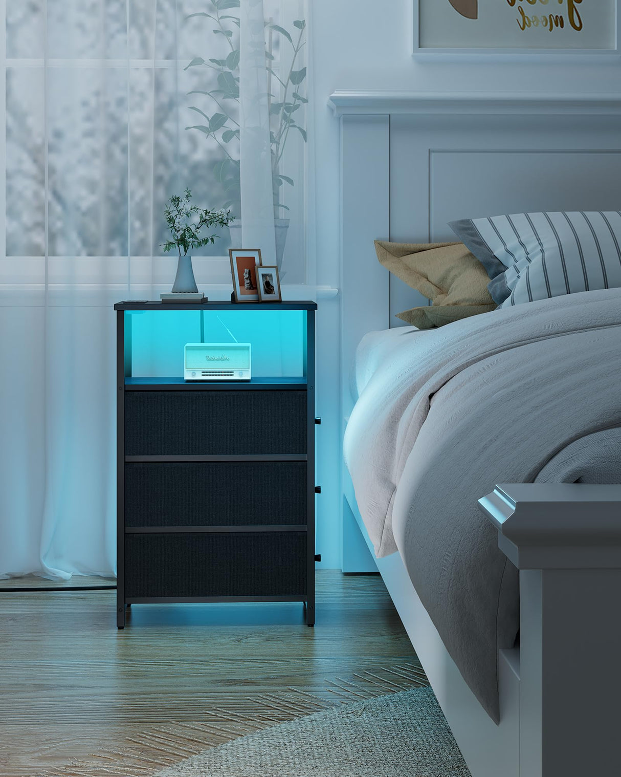 TUTOTAK Narrow End Table with Charging Station, Side Table with Plugins, Tall LED NightStand with 3 Fabric Drawer, Small Bedside Table with Storage, Set of 2, for Living Room, Black TB01BK073L TUTOTAK