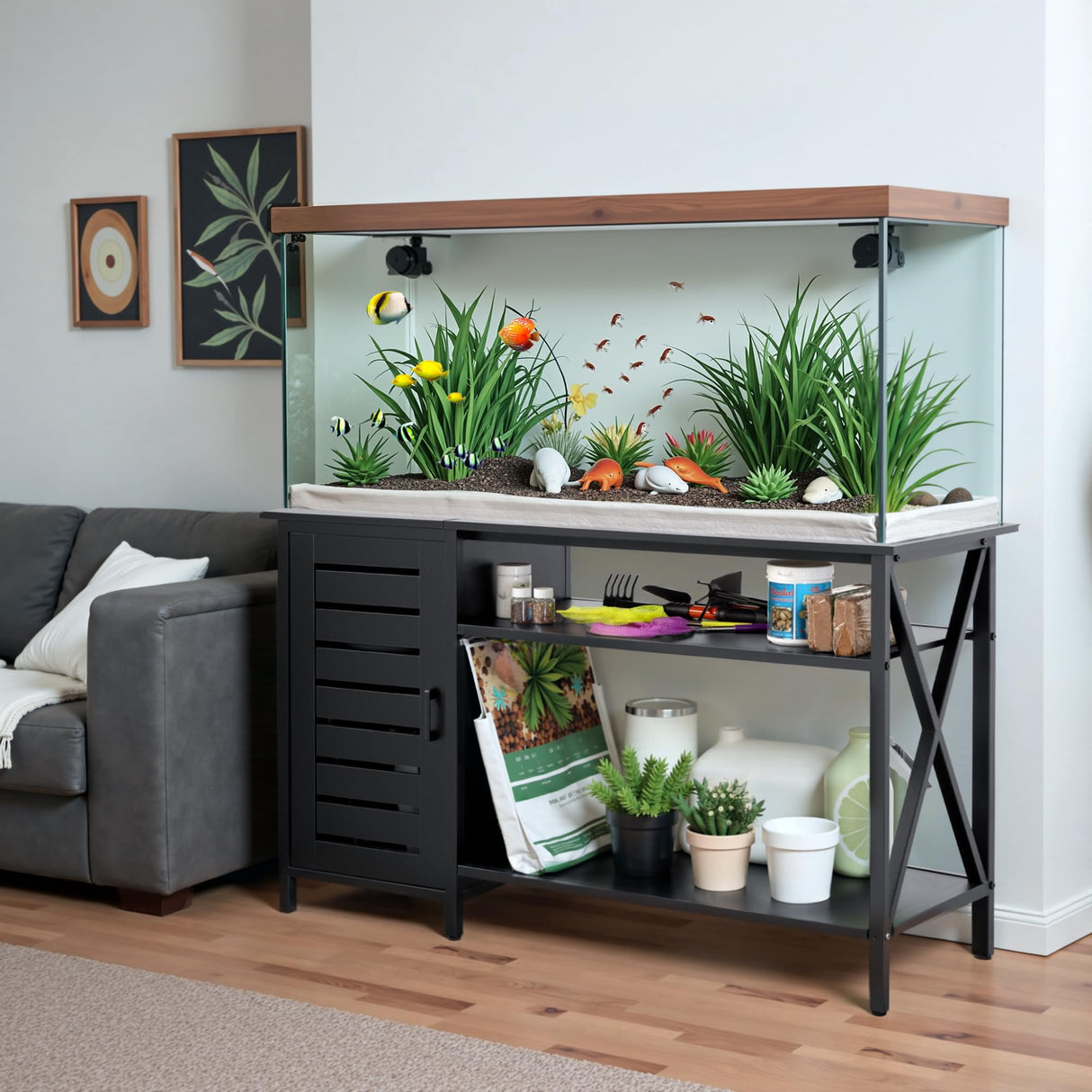 WARCAT 55-75 Gallon Aquarium Stand, Fish Tank Stand, Support up to 1200 lbs, 52" L x 19.68" W Tabletop, Built-In Power Outlet, Dual Storage Cabinets and Shelves (Black) WARCAT