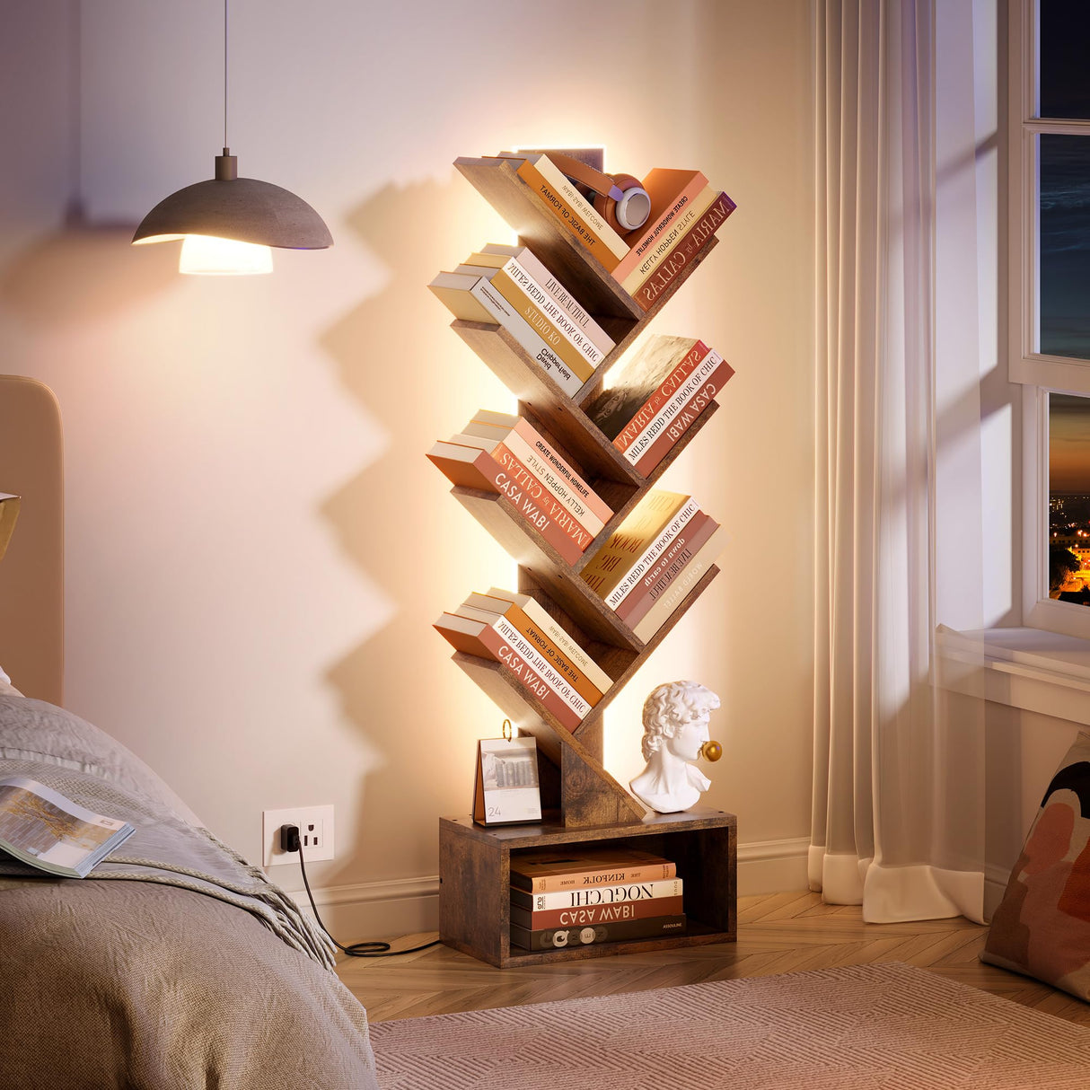 Hoctieon 6 Tier Tree Bookshelf, Tall Bookcase, Freestanding Book Shelf with LED Lights, Display Floor Standing Storage Shelf, Book Organizer Shelves for Home Office, Living Room, Rustic Brown Hoctieon