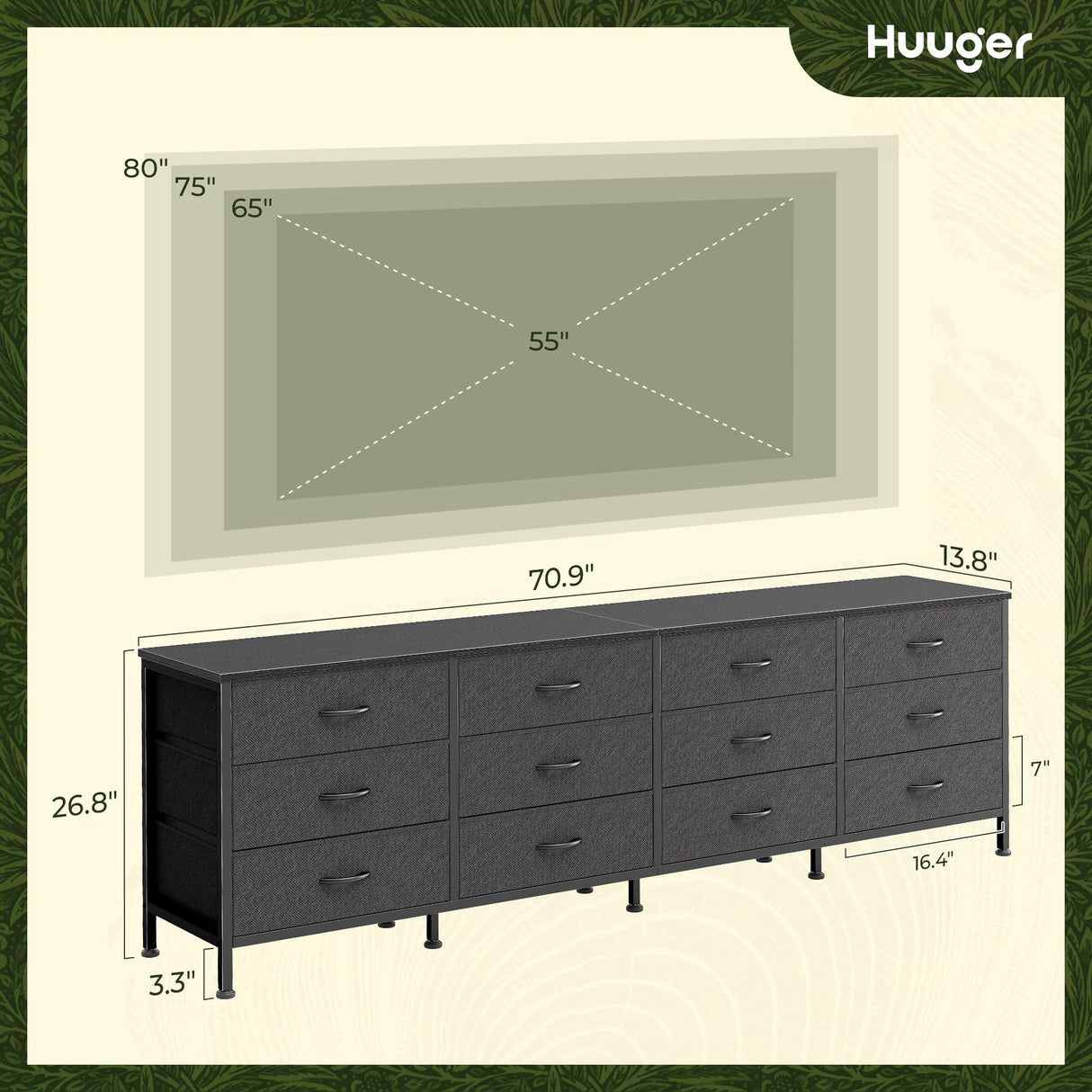 Huuger 70 Inch Black Dresser for Bedroom, TV Stand for 65, 75, 80 Inch TV, 12 Fabric Drawer Long Dresser, Wide Chest of Drawer, Storage Units for Living Room Huuger