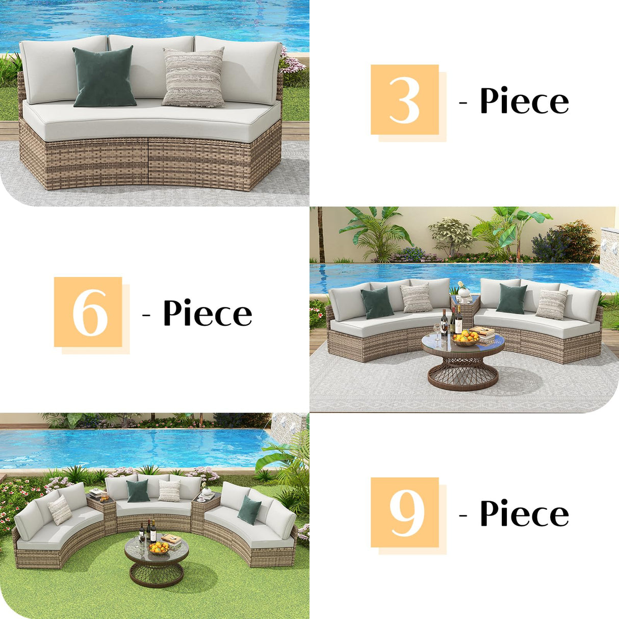 PaPaJet Patio Conversation Set, 3 Piece Half-Moon Sectional Round Patio Furniture Set, Wicker Sofa Set, for Backyard Patio Garden, Beige PaPaJet